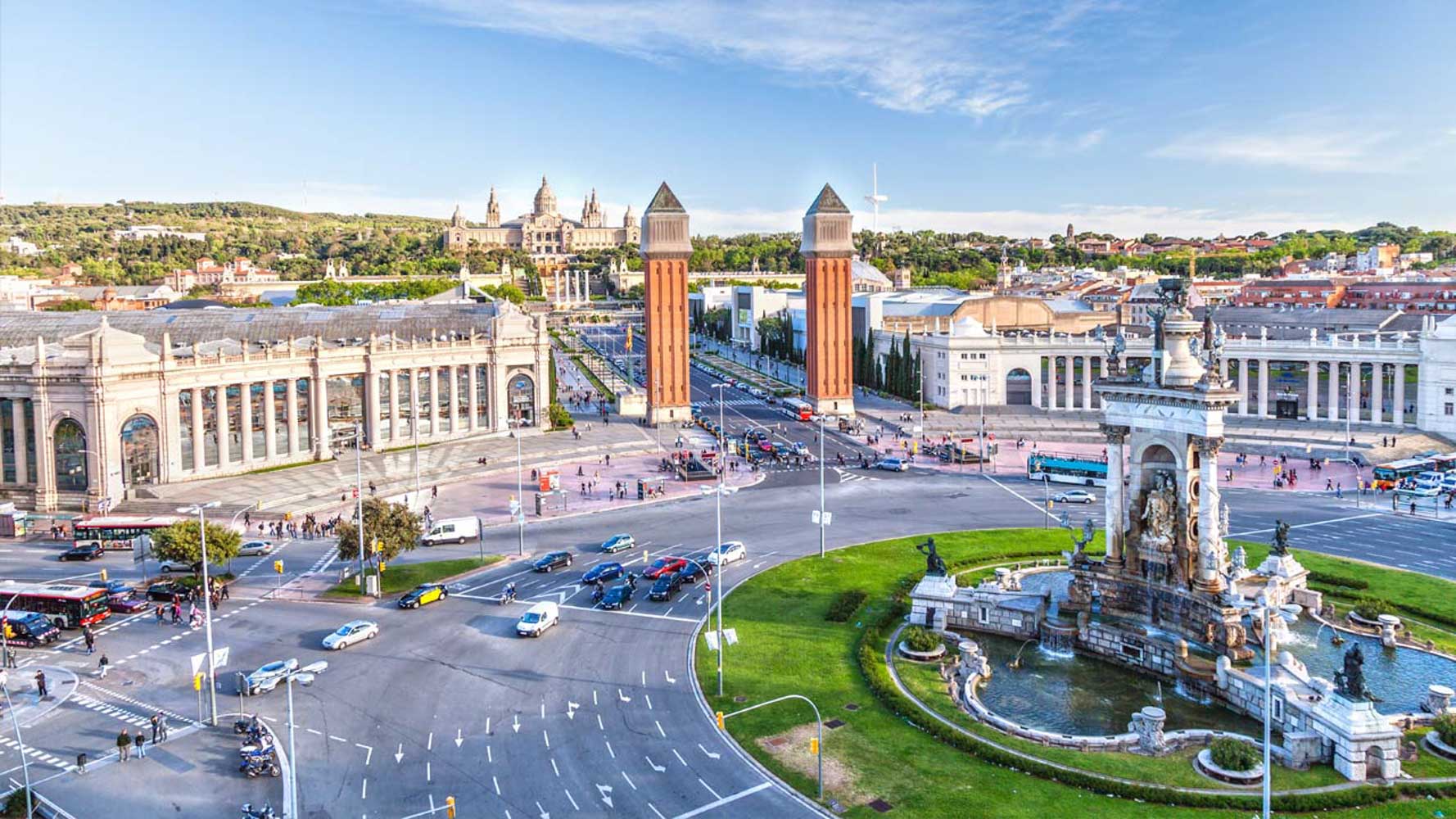 Plaça d'Espanya in Barcelona with its Venetian towers and Montjuïc behind